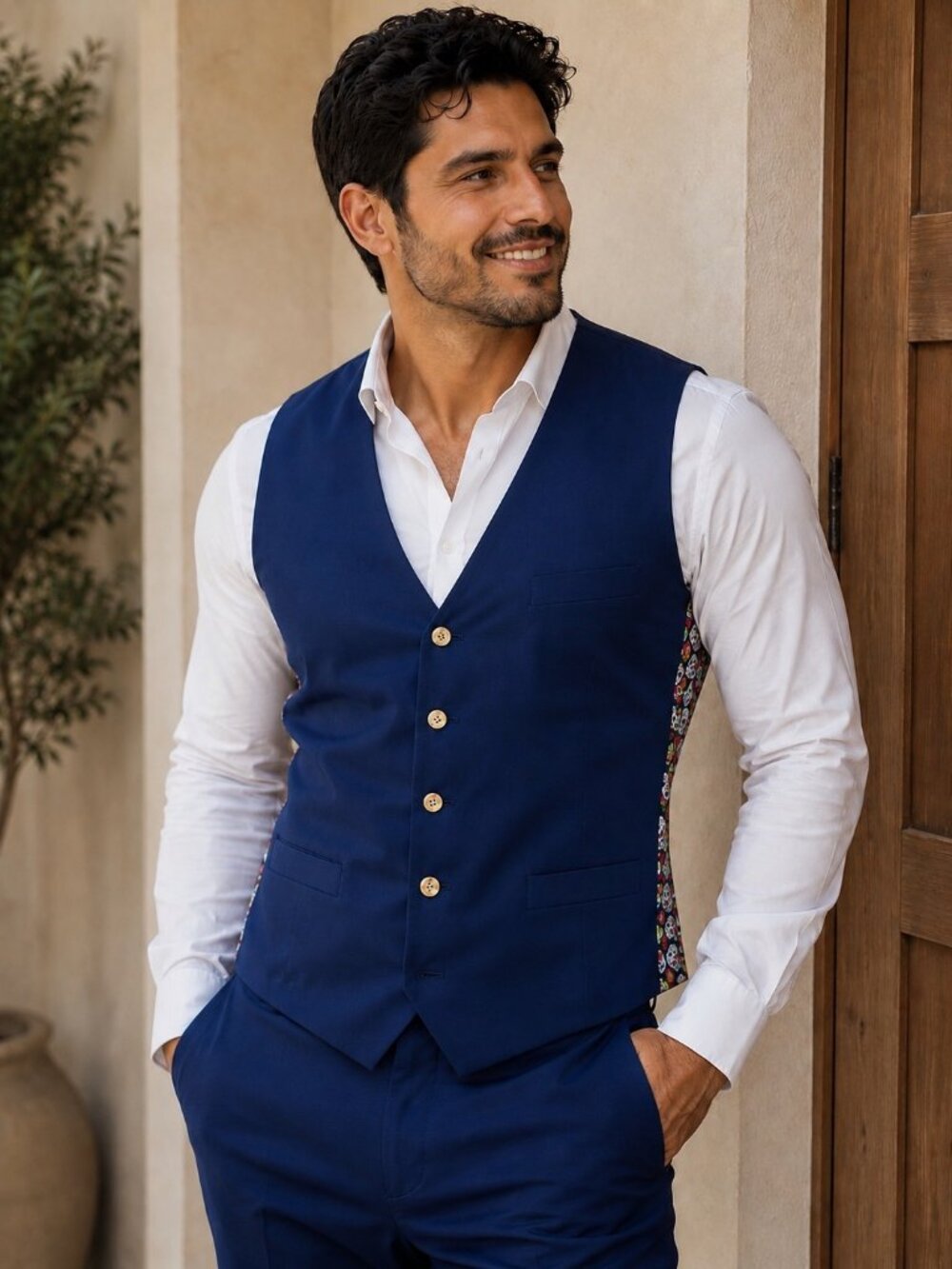 Indochino Vest Men's Blue Skull Floral Wool Linen Belted 5-Button Waistcoat, M